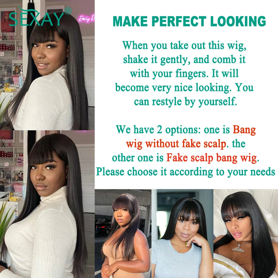 Sexay Scalp Bang Human Hair Wig Raw Indian Straight Human Hair Fringe Wigs Fake Scalp 8-24 Inch 200 Density Human Wigs For Women
