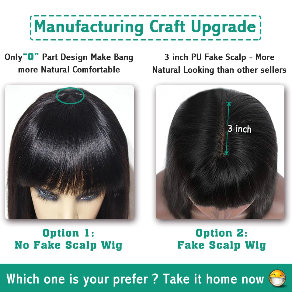 Sexay Scalp Bang Human Hair Wig Raw Indian Straight Human Hair Fringe Wigs Fake Scalp 8-24 Inch 200 Density Human Wigs For Women