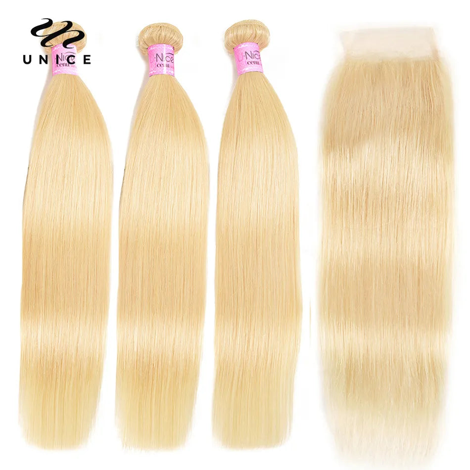 Unice Hair 613 Blonde Bundles With Closure Brazilian Remy Straight Human Hair 3 Bundles With Closure 100% Remy Human Hair