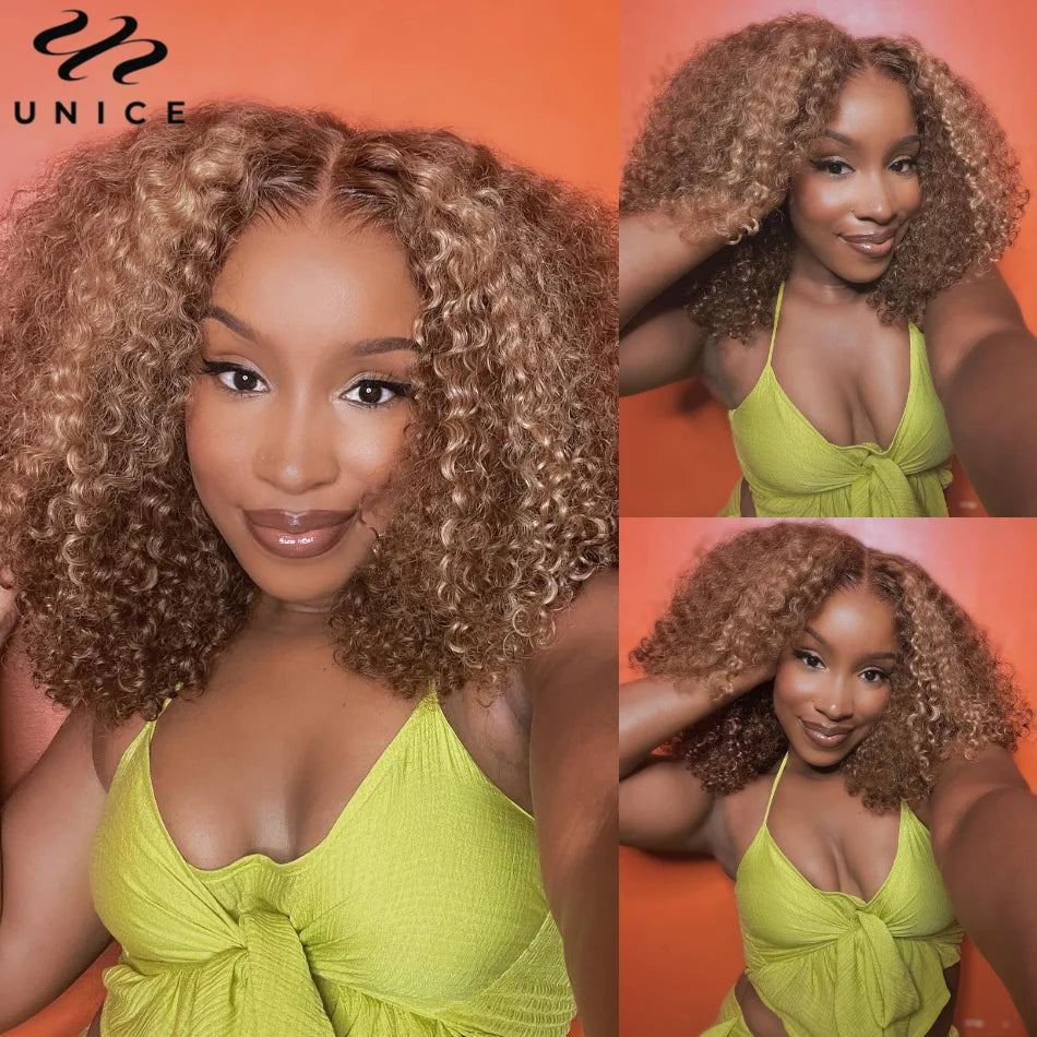 UNice Hair Honey Blonde Curly Lace Wigs Real Gluleless Pre-Cut 6x4.75 Lace Wig Upgrade 7x5 Inch Pre Bleached Human Hair Wigs