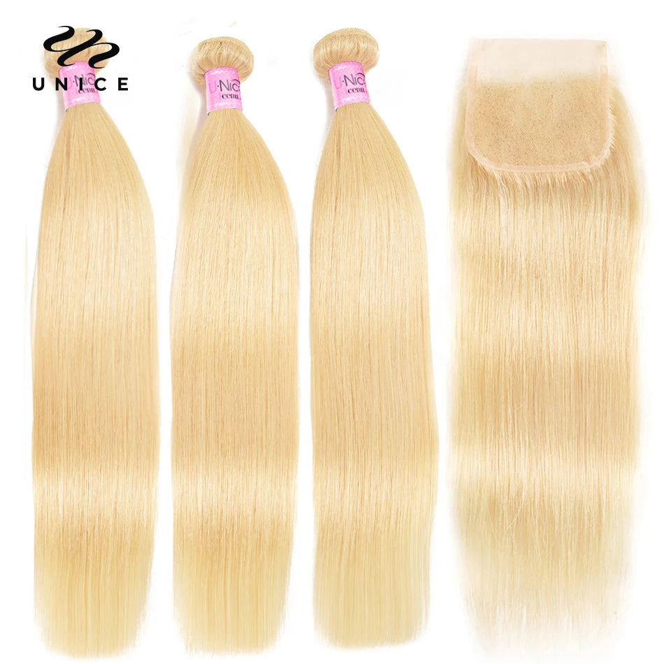 Unice Hair 613 Blonde Bundles With Closure Brazilian Remy Straight Human Hair 3 Bundles With Closure 100% Remy Human Hair