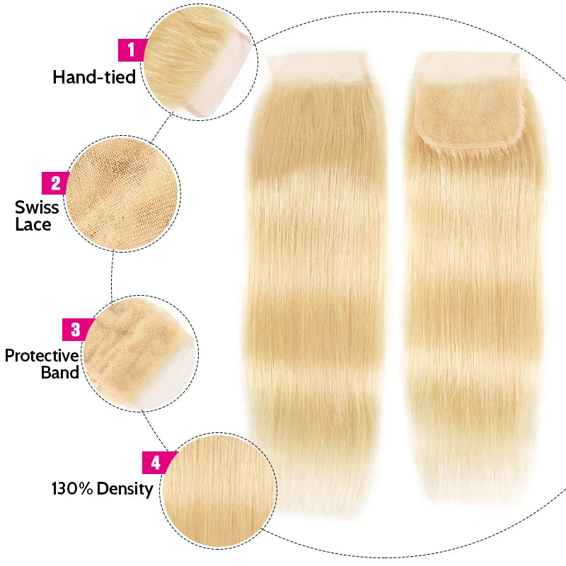 Unice Hair 613 Blonde Bundles With Closure Brazilian Remy Straight Human Hair 3 Bundles With Closure 100% Remy Human Hair