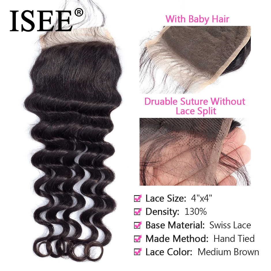 ISEE HAIR Brazilian Loose Deep Lace Closure Remy Hair Free Part 4"*4" Based Closure Can Be Dyed Free Shipping Nature Color