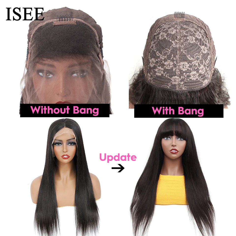 ISEE HAIR Straight Wig With Bang Brazilian Hair Wig Natural Color For Women Human Hair Glueless Full Machine Made Human Hair Wig