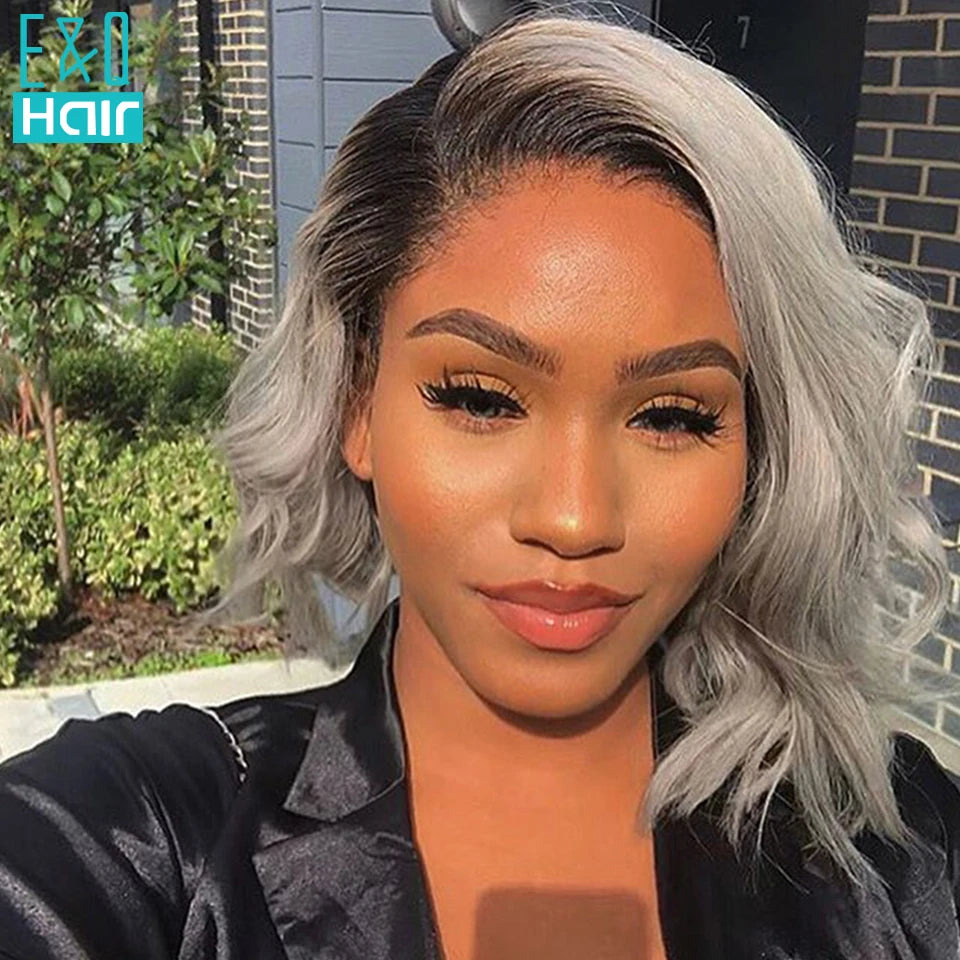 Grey Human Hair Wig Short BOB 13x4 Lace Front Human Hair Wigs For Women Pre Plucked Brazilian Remy Transparent Lace Wigs 180%