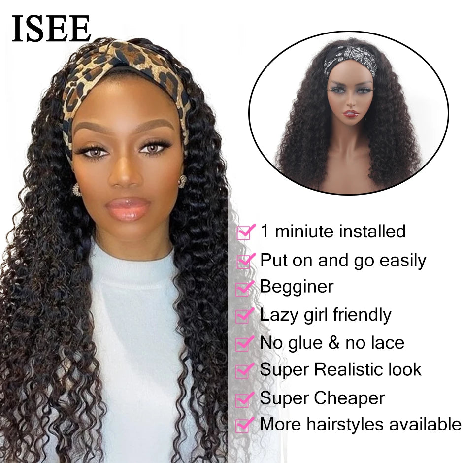 Water Wave Wig Natural Hair Women's Headband Wig 180% Density ISEE HAIR Scarf Wig Brazilian Water Wave Human Hair Wigs For Women