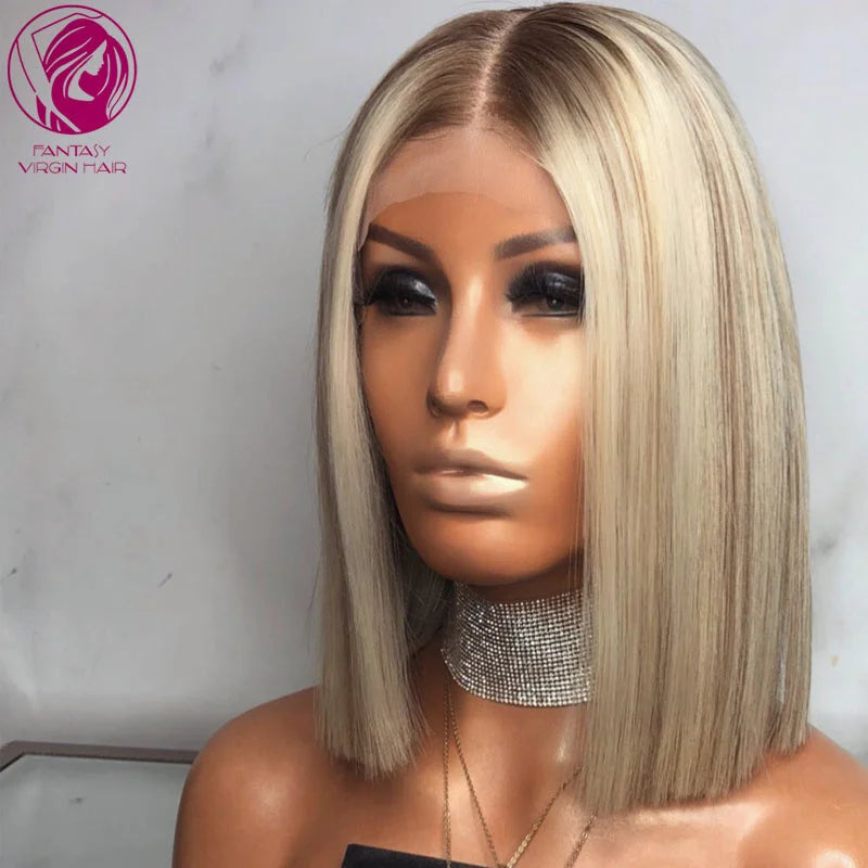 Short Bob Straight T Part Wig Ombre Platinum Blonde Ash Highlights Grey Virgin Hair HD Lace Part Wig For Women