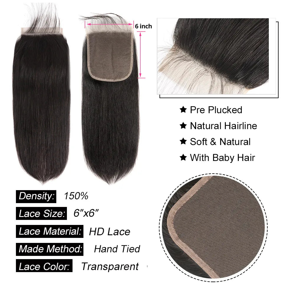 AliPearl Hair Straight Human Hair Bundles With 6x6 Closure Brazilian Human Hair Weave 3 Bundles with Transparent Lace Closure