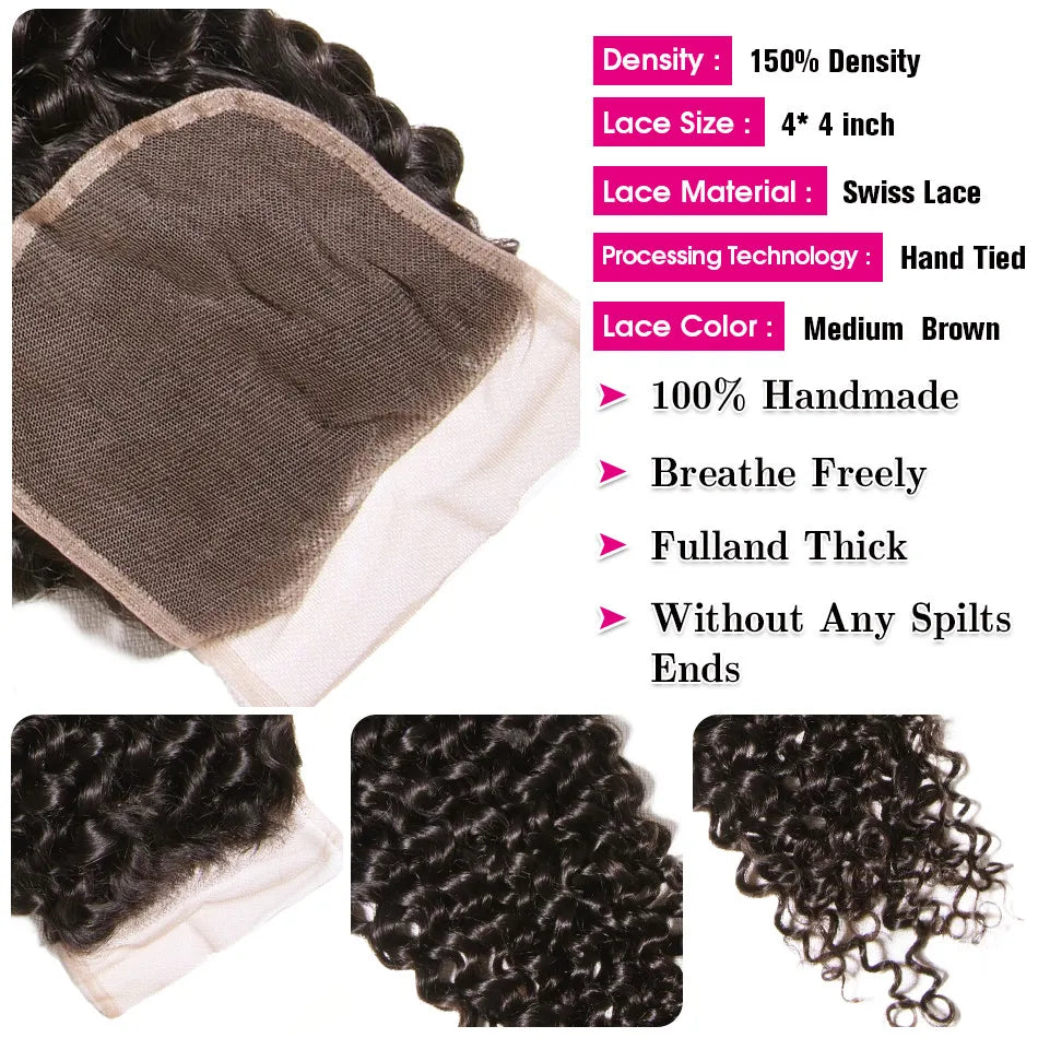 UNICE Hair Peruvian Curly Hair Closure Three Part 150% Density Human Hair Lace Closures Natural Color Remy Hair 10-20inch