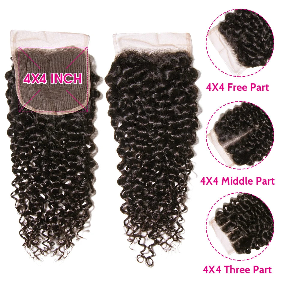 UNICE Hair Peruvian Curly Hair Closure Three Part 150% Density Human Hair Lace Closures Natural Color Remy Hair 10-20inch