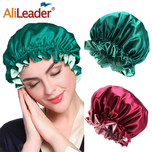 Alileader Cheap Reversible Satin Bonnet Hair Caps Double Layer Adjust Sleep Night Cap Head Cover Hat Silk Sleep Caps For Women