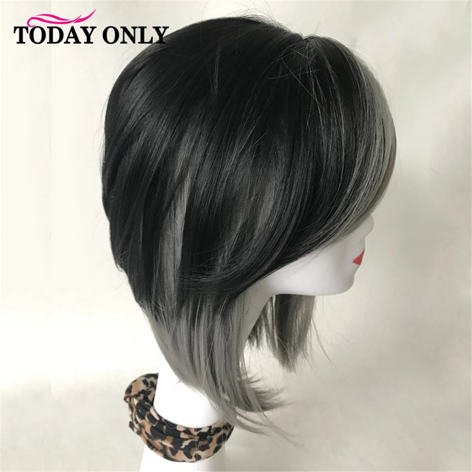 Short Straight Bob Wig Cheap Human Hair Wigs For Black Women Full Machine Wigs Highlight Natural Color With Grey Human Hair Wig