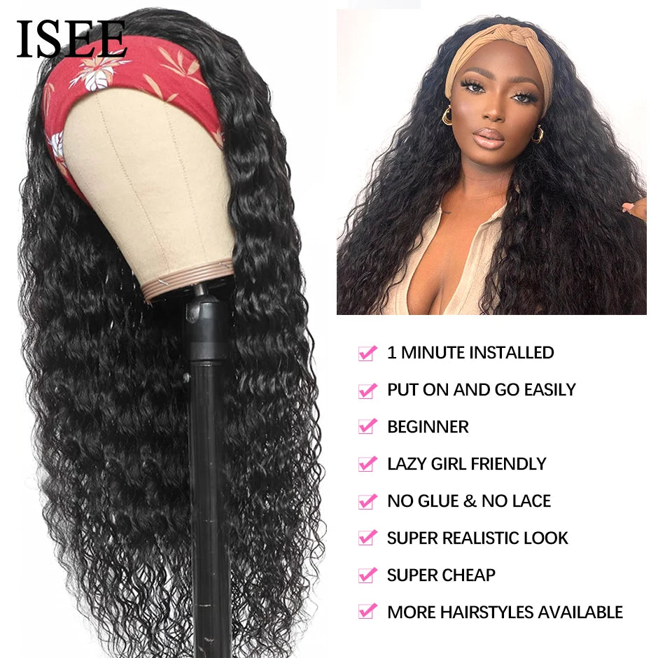 Brazilian Deep Wave Headband Wig Natural Hair 180% Density ISEE HAIR Deep Curly Headband Wig For Women Human Hair Wigs Scarf Wig