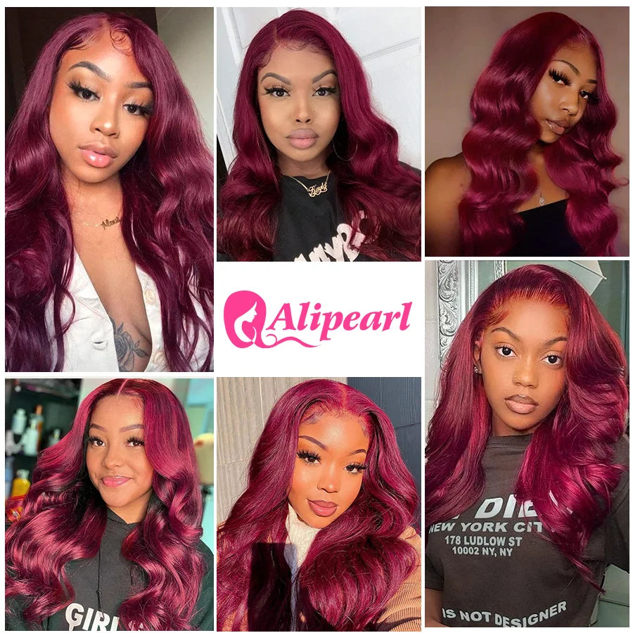 AliPearl Hair #99J Body Wave 4x4 Lace Closure Wig Human Hair Wigs Brazilian Burgundy Lace Frontal Wig For Women Pre-Plucked Wigs