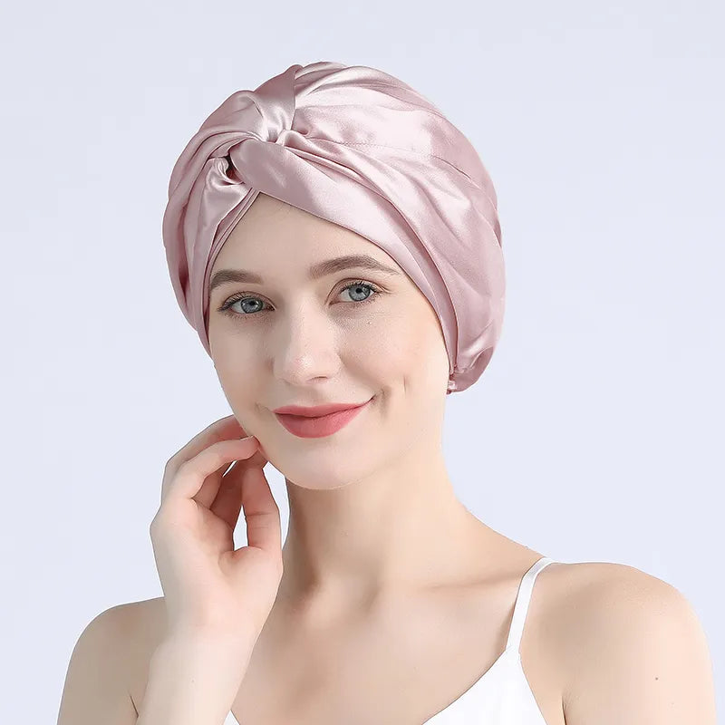 100% Mulberry Silk Sleep Cap Night Bonnet for Women Hair Care Double Layer 16 Momme with Elastic Stay On Head