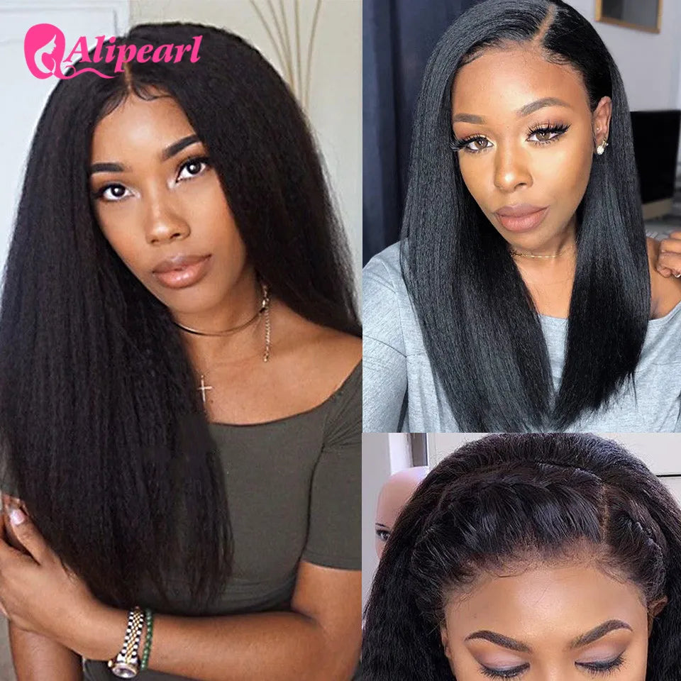 AliPearl Hair V Part Wig Kinky Straight Human Hair Wigs For Black Women 180% Density Brazilian Remy Glueless Middle V Shape Wigs