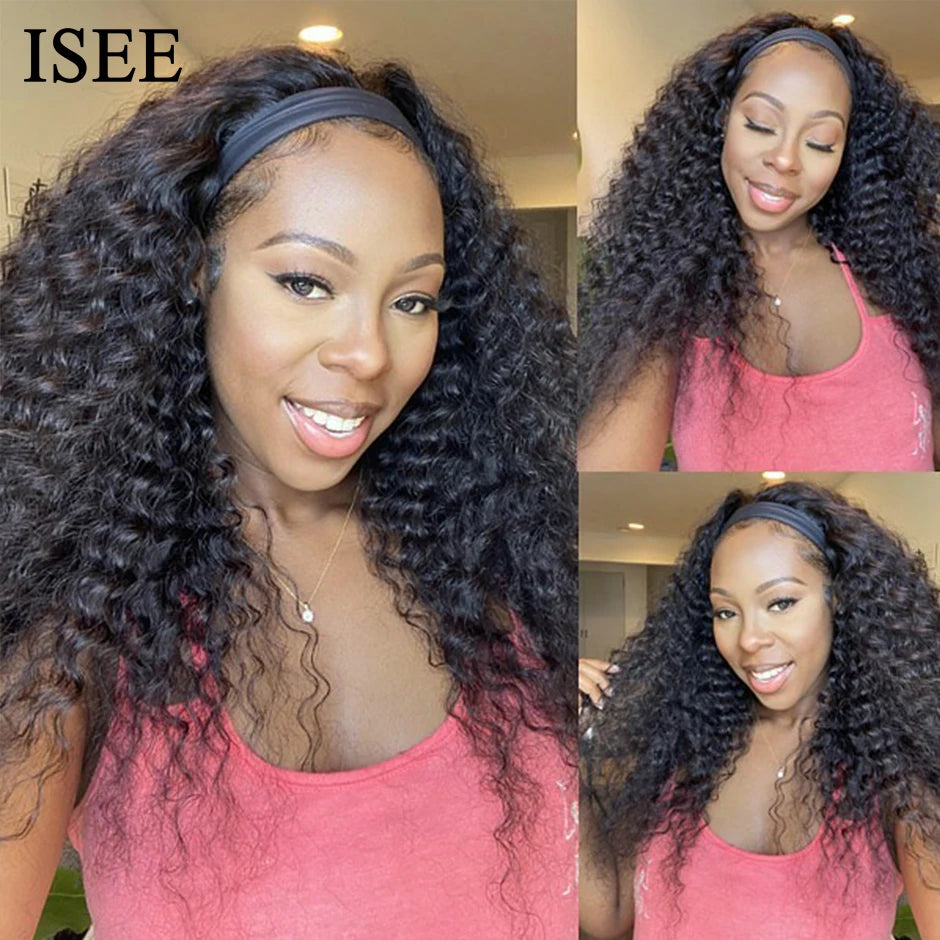 ISEE Natural Color Peruvian Kinky Curly Human Hair Wigs Full Machine Made Headband Glueless Scarf for Women 180% Density