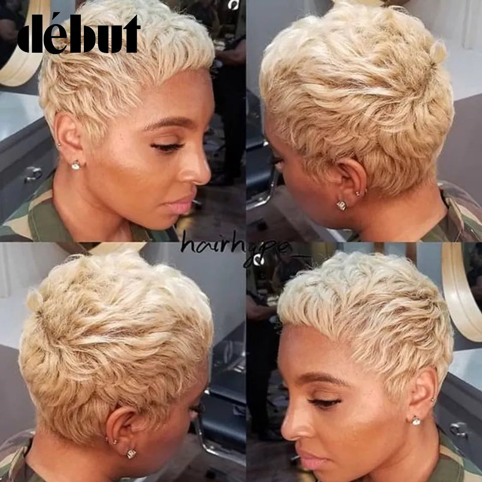 Debut Short Pixie Hairstyle Wigs For Black Women Brazilian 613 Blonde Cute Haircuts Human Hair Wigs Cheap Fashion Grey Wigs