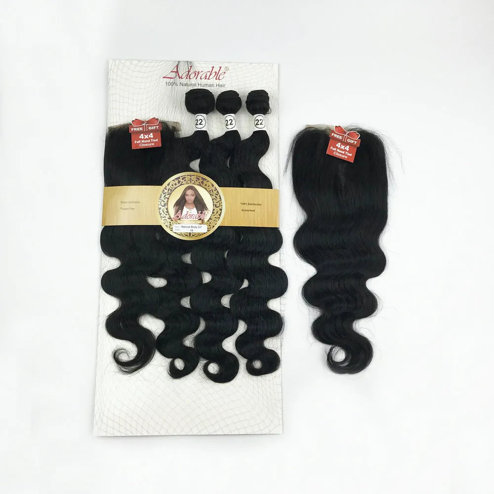 Animal Mixed Synthetic Hair Bundles with 4*4 Lace Closure Silk Straight Packet Hair Weaves,Adorable Natural Human Hair Blend 3+1