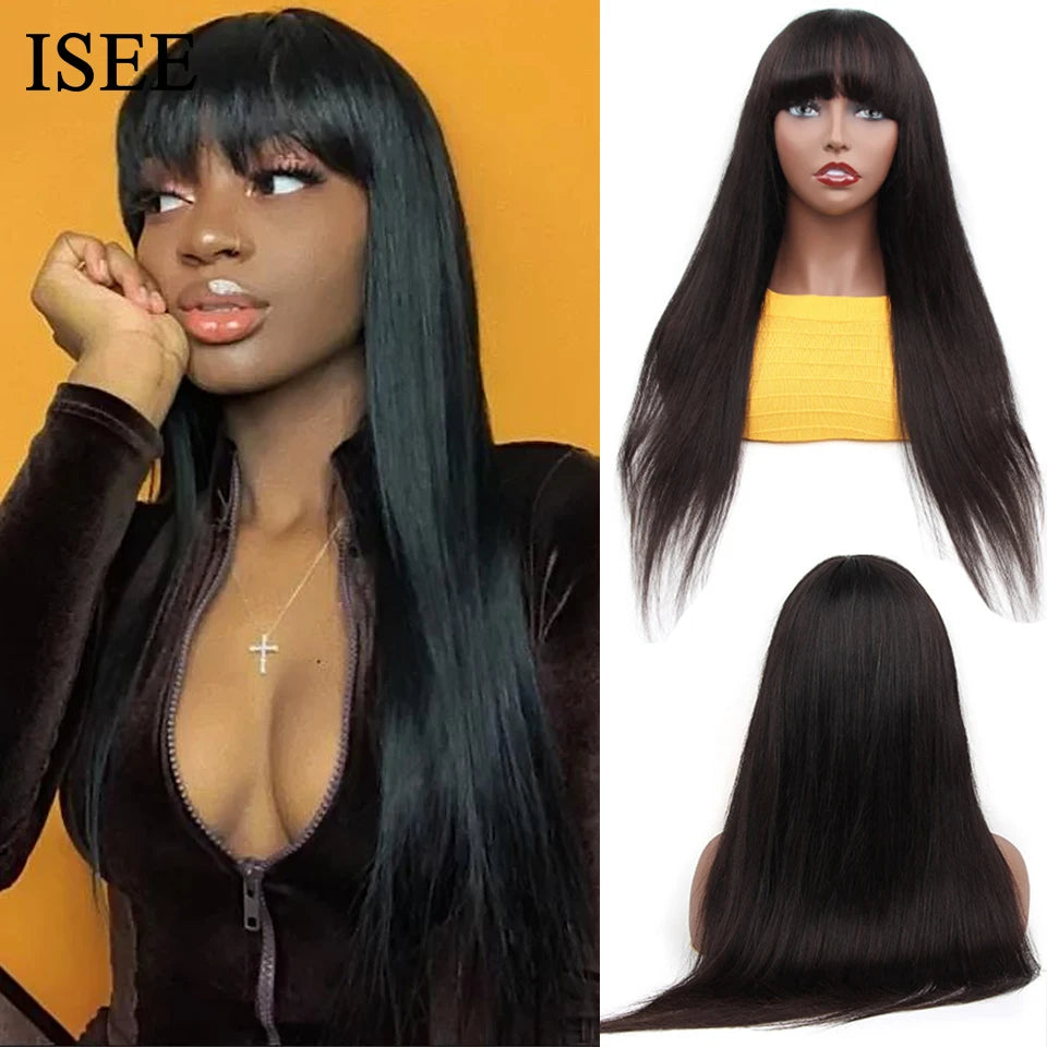 ISEE HAIR Straight Wig With Bang Brazilian Hair Wig Natural Color For Women Human Hair Glueless Full Machine Made Human Hair Wig