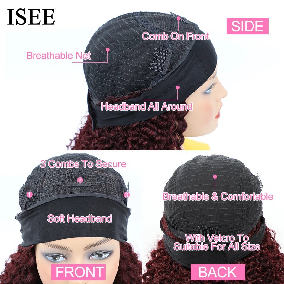 ISEE Natural Color Peruvian Kinky Curly Human Hair Wigs Full Machine Made Headband Glueless Scarf for Women 180% Density