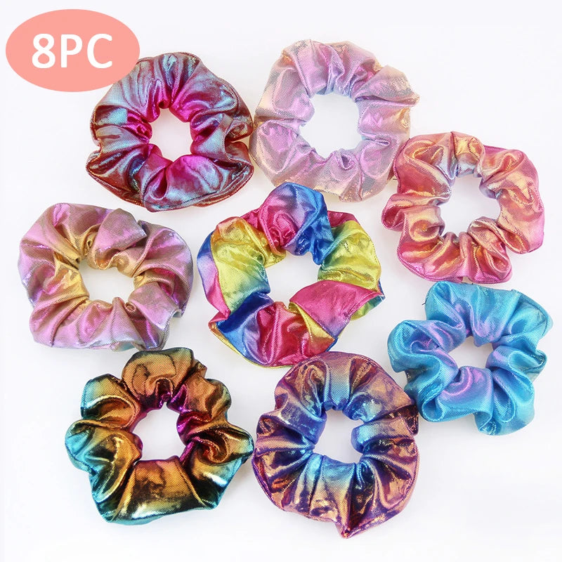 8Pcs Fashion Set Glitter Scrunchie Colorful Elastic Hair Tie Hair Band Glitter Ponytail Holder Scrunchie Pack Hair Accessories