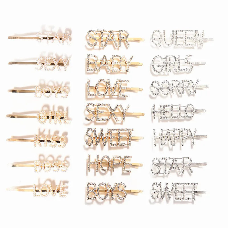 Fashion Rhinestones Letters Barrettes Clips Hairpins for Women Hairgrip Bobby Pins Hair Accessories LOVE SEXY BOSS KISS QUEEN