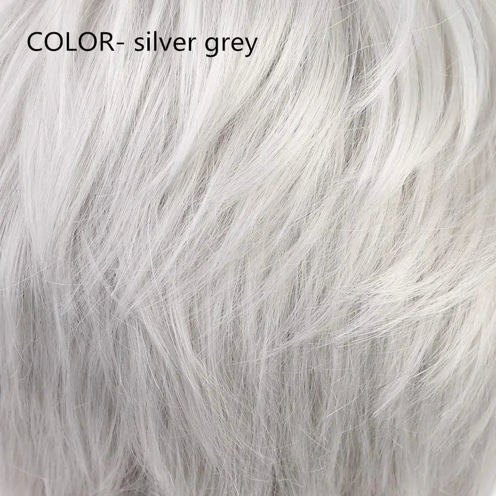 HAIRCUBE Silver Grey Mixed Human Hair Blend Synthetic Wig Short Pixie Cut Puffy Wig with Bangs Heat Resistant Wigs for Women