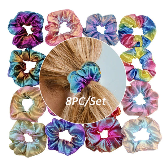 8Pcs Fashion Set Glitter Scrunchie Colorful Elastic Hair Tie Hair Band Glitter Ponytail Holder Scrunchie Pack Hair Accessories