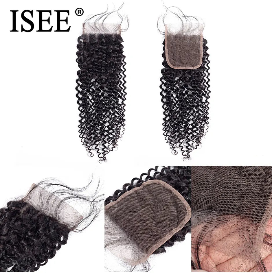 ISEE HAIR Kinky Curly Lace Closure 4*4 Free Part 100% Remy Human Hair Bundles 8-20 inch Lace Closure Free Shipping Nature Color