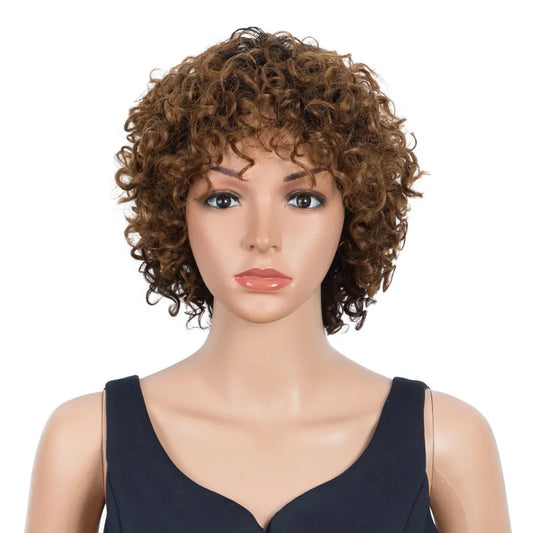 Trueme Short Curly Wig With Bangs Pixie Cut Colored Brazilian Human Hair Wigs For Women Ombre Black Brown Jerry Curl Full Wig