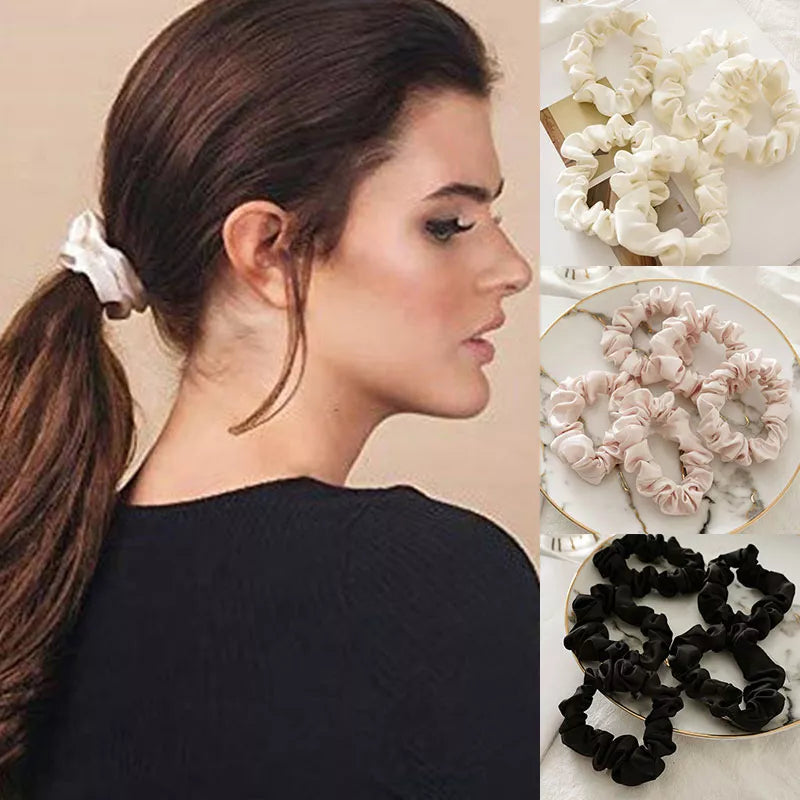 5Pcs/6pcs Silk Hair Rope Ring Set Colorful Rubber Band Elastic Hair Circle Solid Black White Ponytail Hairband Hair Accessories