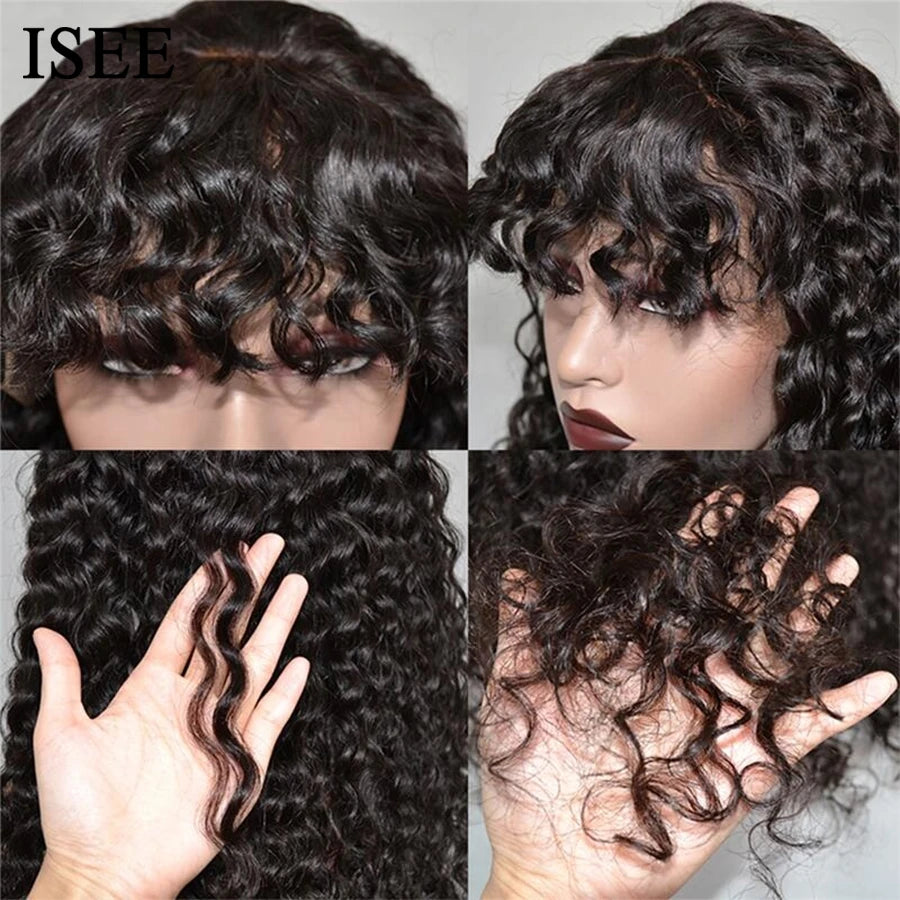 ISEE HAIR Machine Made Sew In Short Bob Wig With Bangs Human Hair Wigs Mongolian Curly Wig with Bang For Women Glueless Wigs