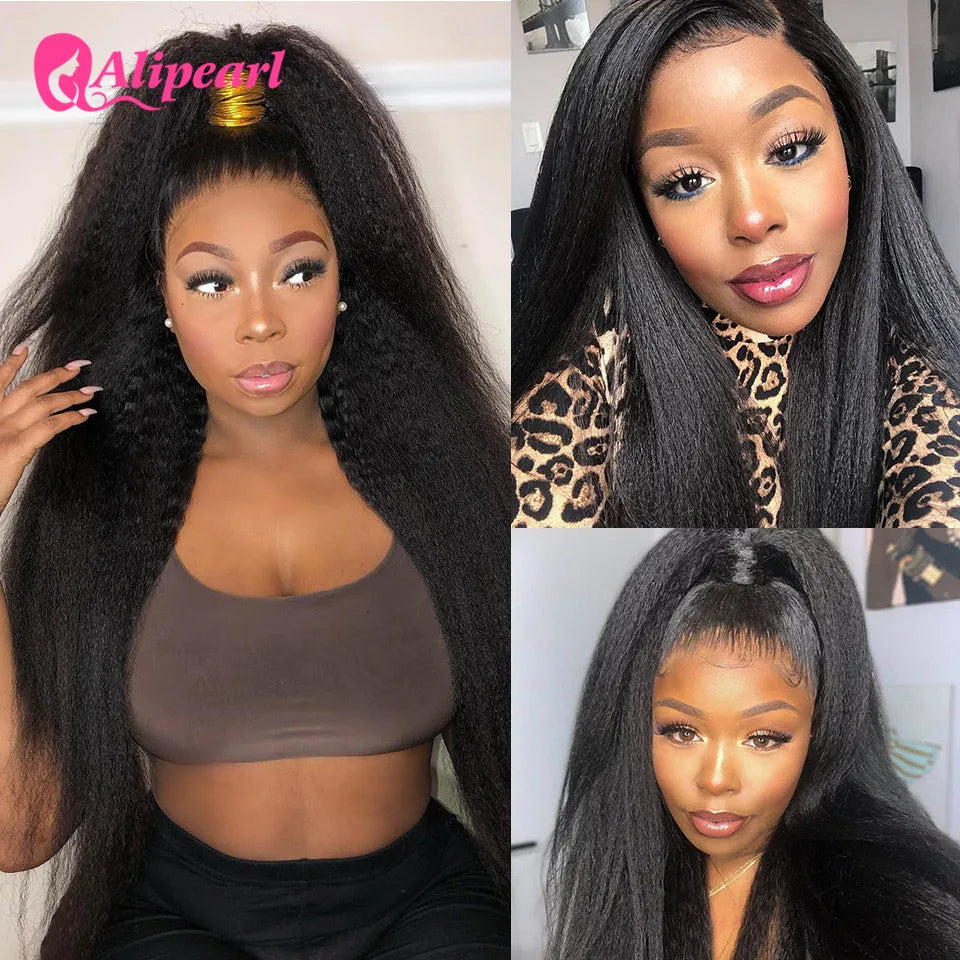 AliPearl Hair V Part Wig Kinky Straight Human Hair Wigs For Black Women 180% Density Brazilian Remy Glueless Middle V Shape Wigs