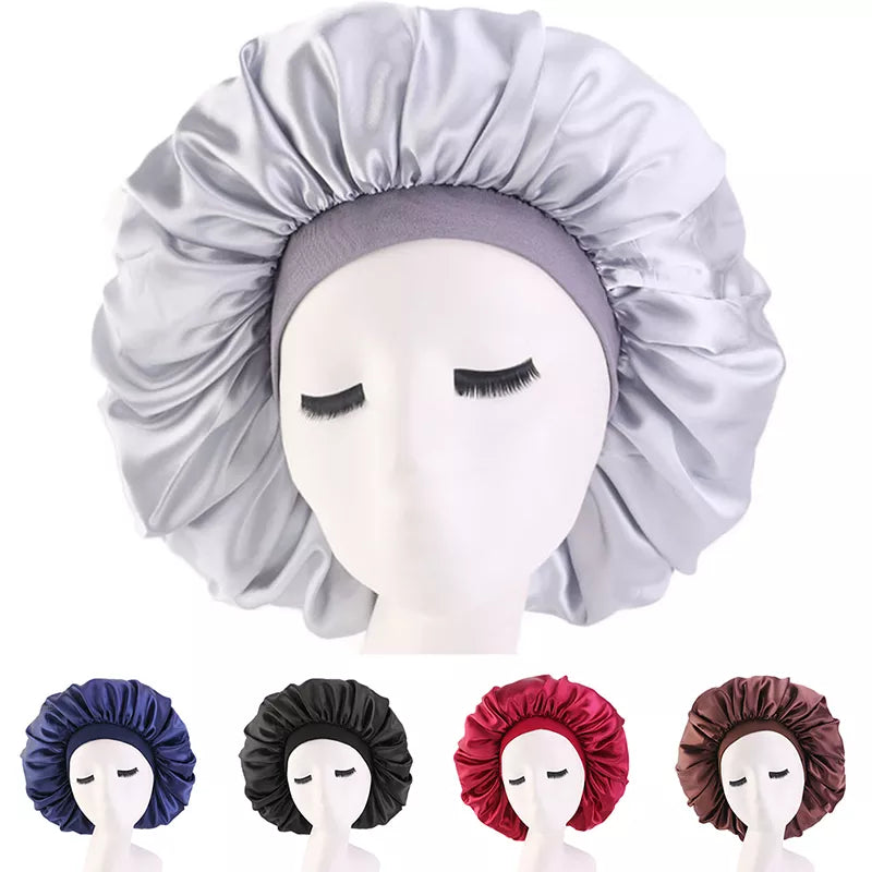 Newly Fashion Women Satin Night Sleep Cap Hair Bonnet Hat Silk Head Cover Wide Elastic Band Hair Care For Women Men Unisex 1pcs