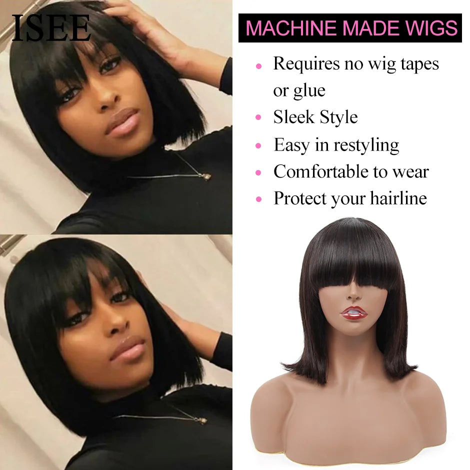 ISEE HAIR Machine Made Sew In Short Bob Wig With Bangs Human Hair Wigs  Brazilian Straight Wig with Bang For Women Glueless Wigs