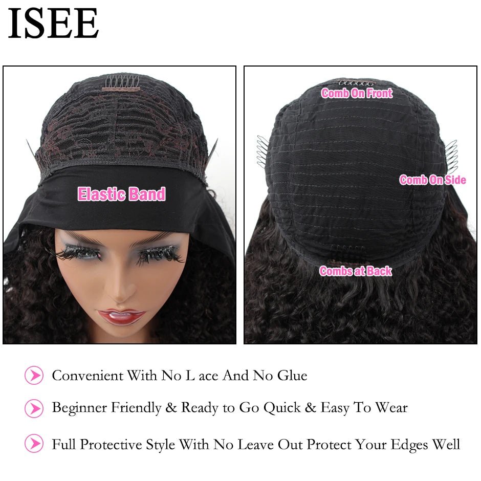 Kinky Curly Women's Headband Wig ISEE HAIR Scarf Wig Brazilian Human Hair Wig Sale Deep Curly Glueless Headband Wig Natural Hair