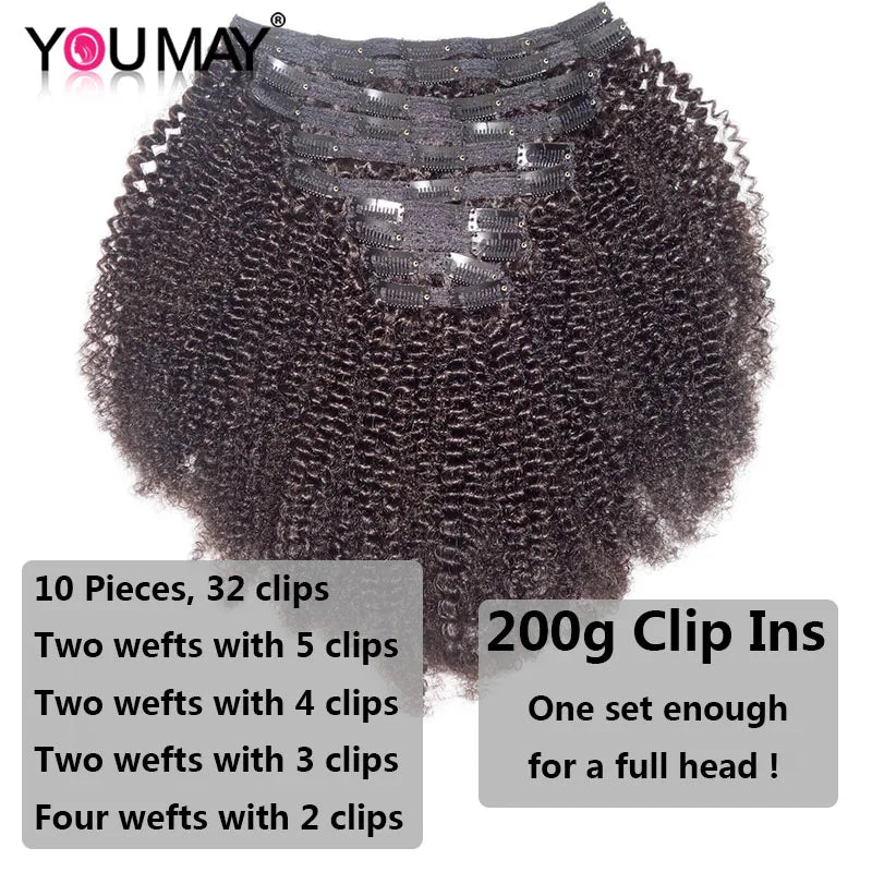 4B 4C Afro Kinky Curly Clip In Human Hair Extensions 100% Mongolian Virgin Hair Human Natural Black Clip Ins Afro Bundle YouMay