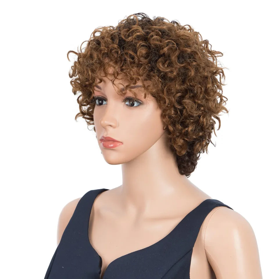 Trueme Short Curly Wig With Bangs Pixie Cut Colored Brazilian Human Hair Wigs For Women Ombre Black Brown Jerry Curl Full Wig