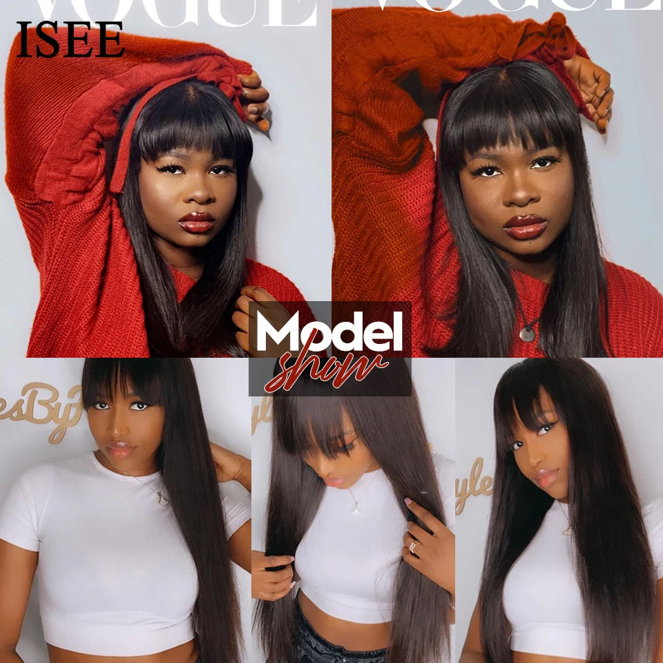 ISEE HAIR Straight Wig With Bang Brazilian Hair Wig Natural Color For Women Human Hair Glueless Full Machine Made Human Hair Wig