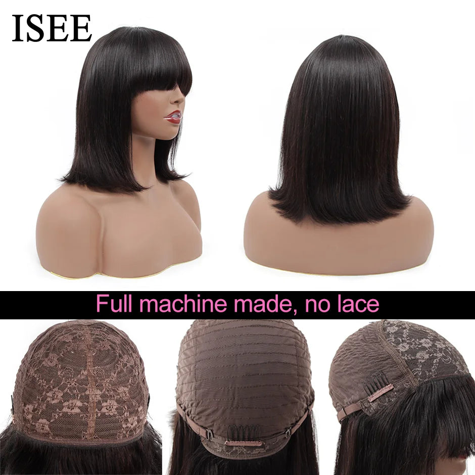 ISEE HAIR Machine Made Sew In Short Bob Wig With Bangs Human Hair Wigs  Brazilian Straight Wig with Bang For Women Glueless Wigs