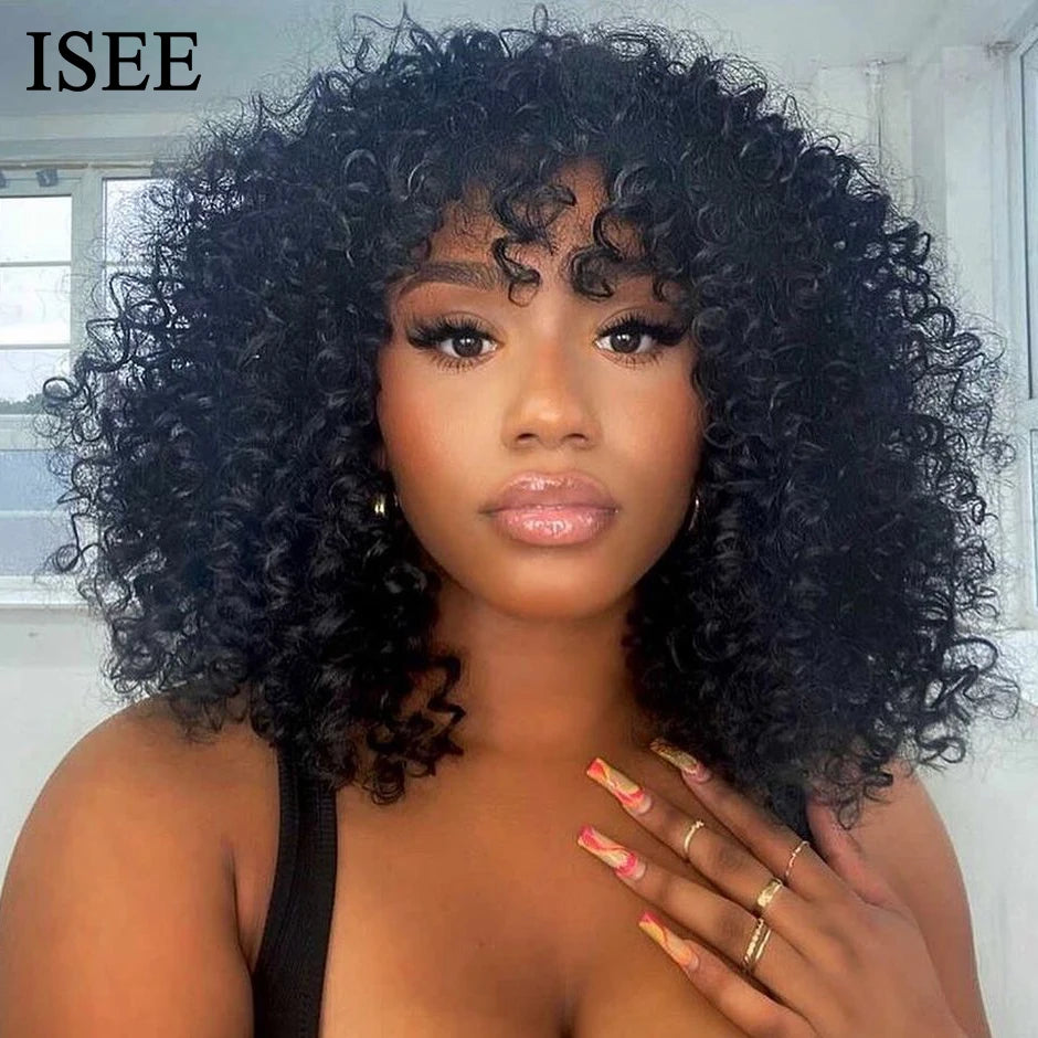 ISEE HAIR Machine Made Sew In Short Bob Wig With Bangs Human Hair Wigs Mongolian Curly Wig with Bang For Women Glueless Wigs