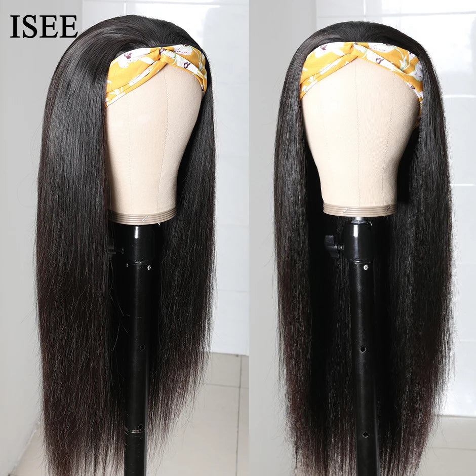 Straight Women's Headband Wig Malaysian Human Hair Wig Straight No Lace Scarf  Wigs Glueless Natural ISEE HAIR Wig For Female