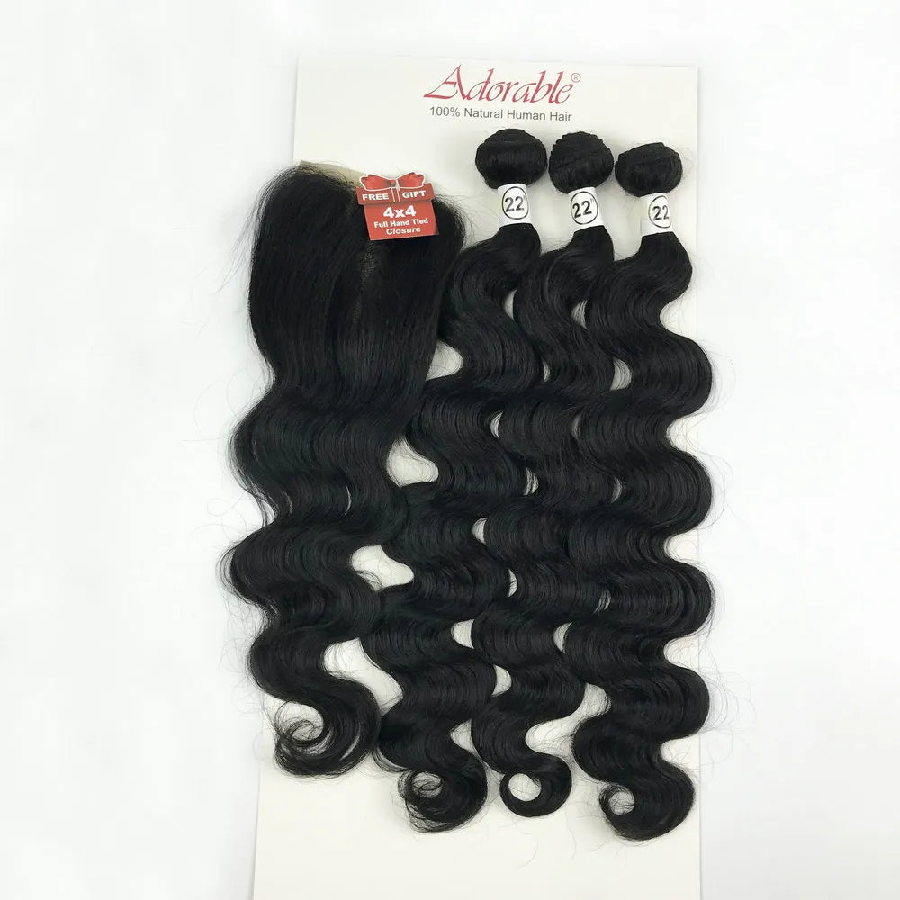 Animal Mixed Synthetic Hair Bundles with 4*4 Lace Closure Silk Straight Packet Hair Weaves,Adorable Natural Human Hair Blend 3+1