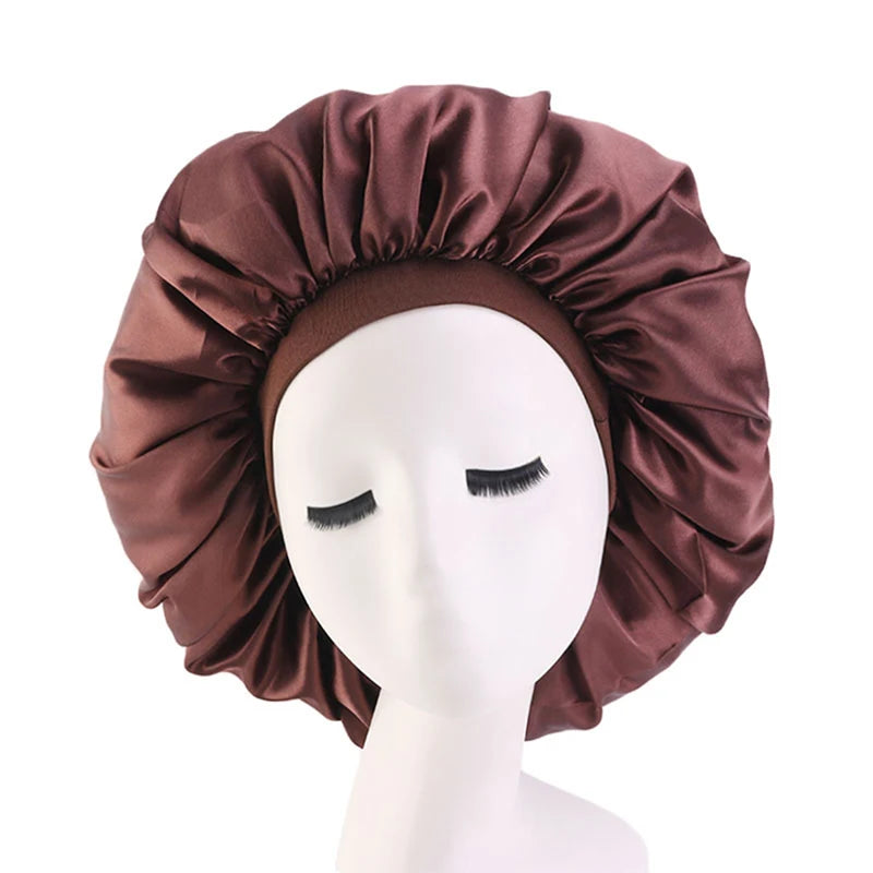 Newly Fashion Women Satin Night Sleep Cap Hair Bonnet Hat Silk Head Cover Wide Elastic Band Hair Care For Women Men Unisex 1pcs