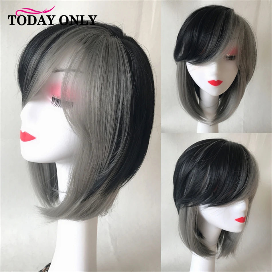 Short Straight Bob Wig Cheap Human Hair Wigs For Black Women Full Machine Wigs Highlight Natural Color With Grey Human Hair Wig