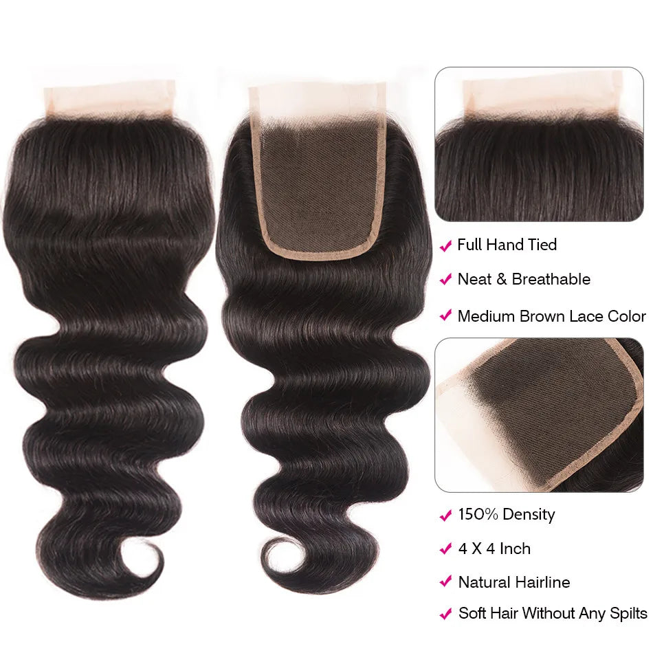 Unice Hair 100% Brazilian Human Hair Body Wave 8-18 Inch 4*4 Lace Closure Natural Color Remy Hair Weaving 1PC Free Shipping