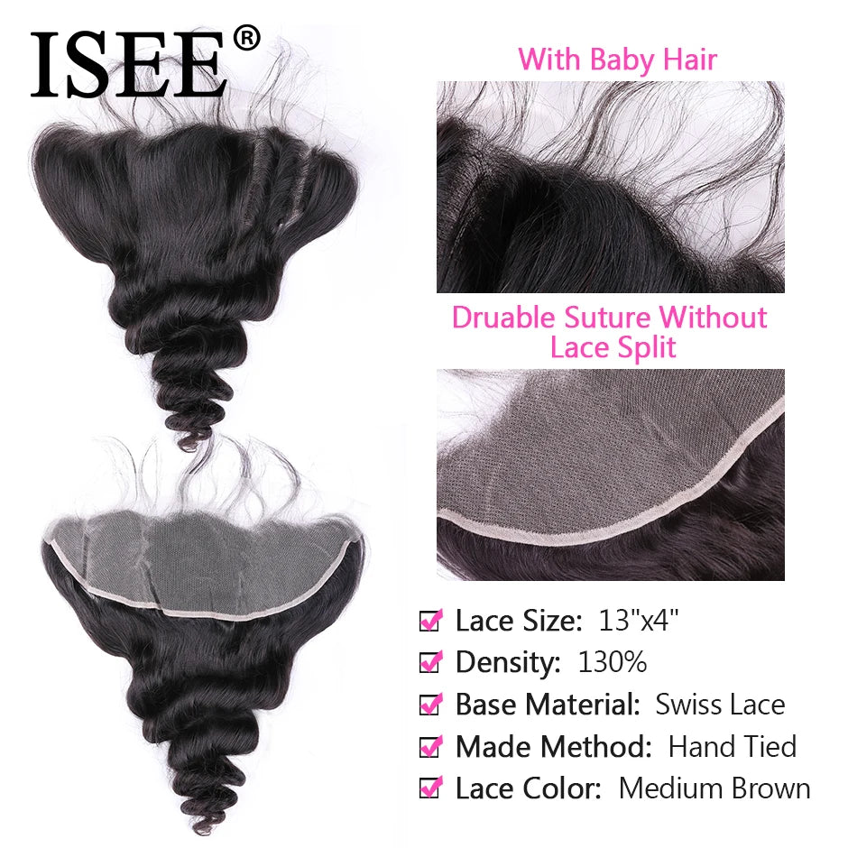 ISEE HAIR Brazilian Loose Wave 13*4 Lace Frontal Closure Free Part Remy Human Hair Closure 150% Density 8"-22" Natural Black