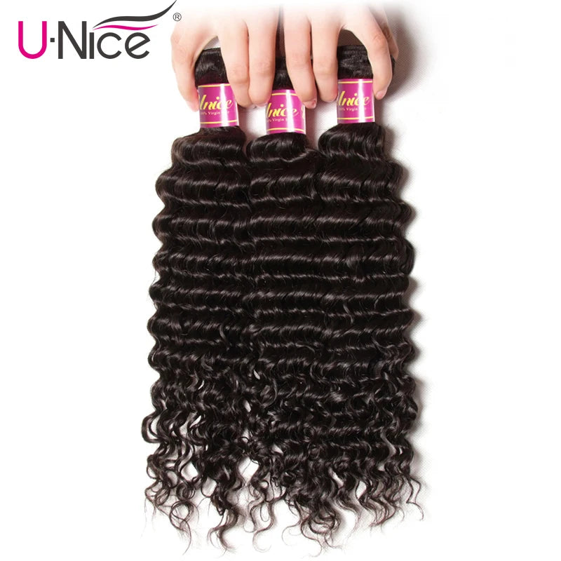 Unice Hair Deep Wave Brazilian Hair Weave Bundles 3 PCS Natural Color 100% Human Hair Weaving Remy Hair Extension 12-26 Inch