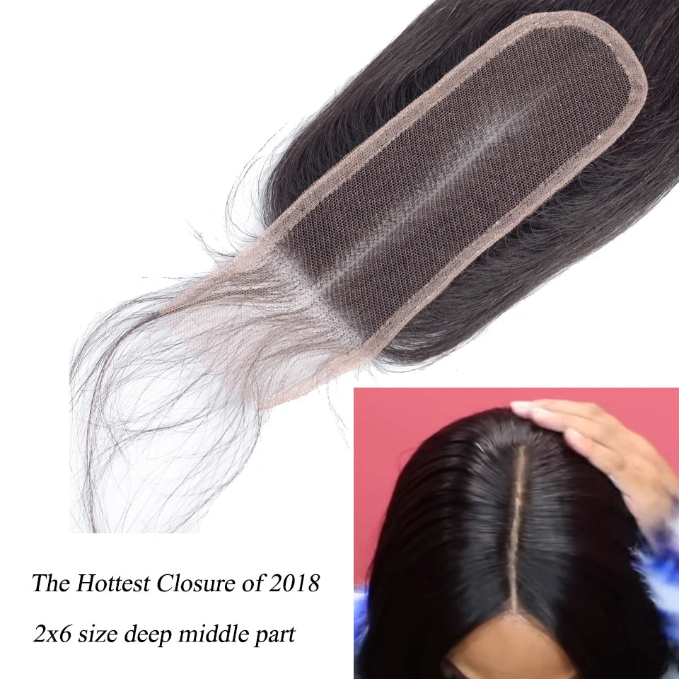 Queenlike Brazilian Raw Hair Weave Bundles With 2x6 Deep Kim Closure Remy Human Hair Weft 3 Straight Hair Bundles With Closure